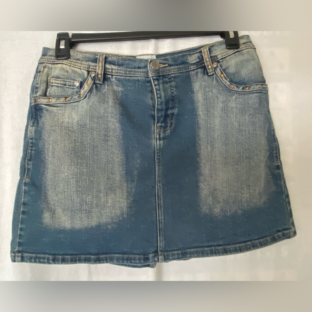 Jean Mini Skirt with Rhinestones on front and back 
15  L X 20 W